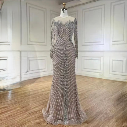 Glam Silver Nude Mermaid Dress with Crystal Beading