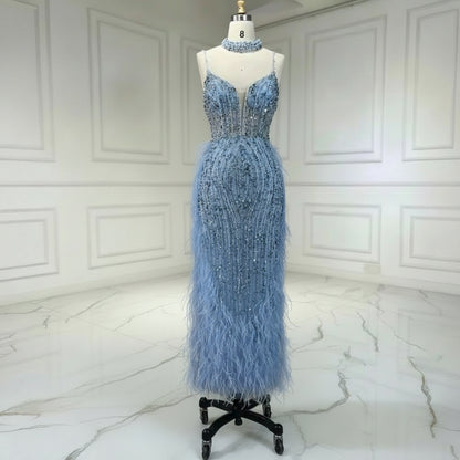 Luxury Nude White Feathered Sequin Evening Dress