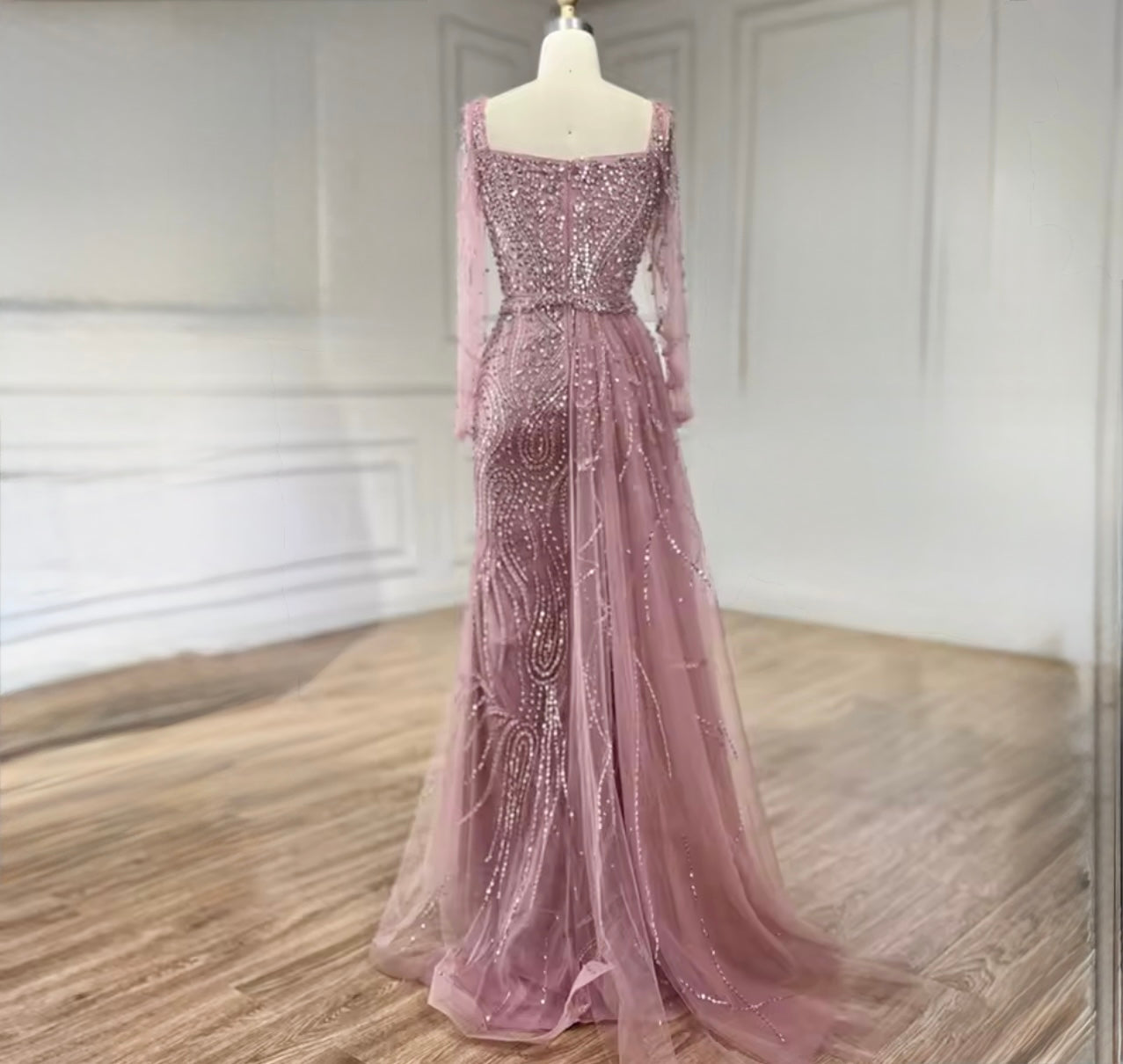 Luxury Rose Sequin Long-Sleeve Evening Gown