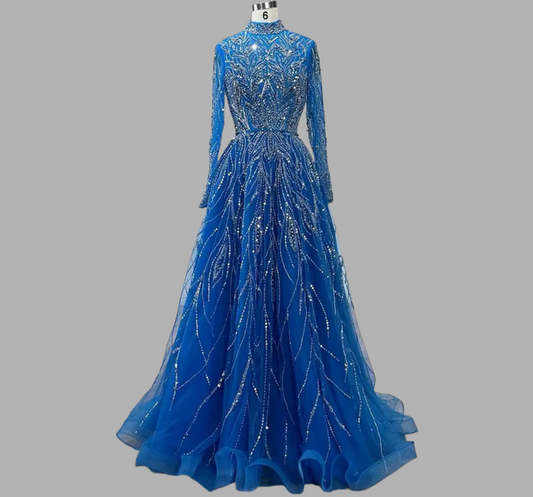 Blue Beaded luxury party dress