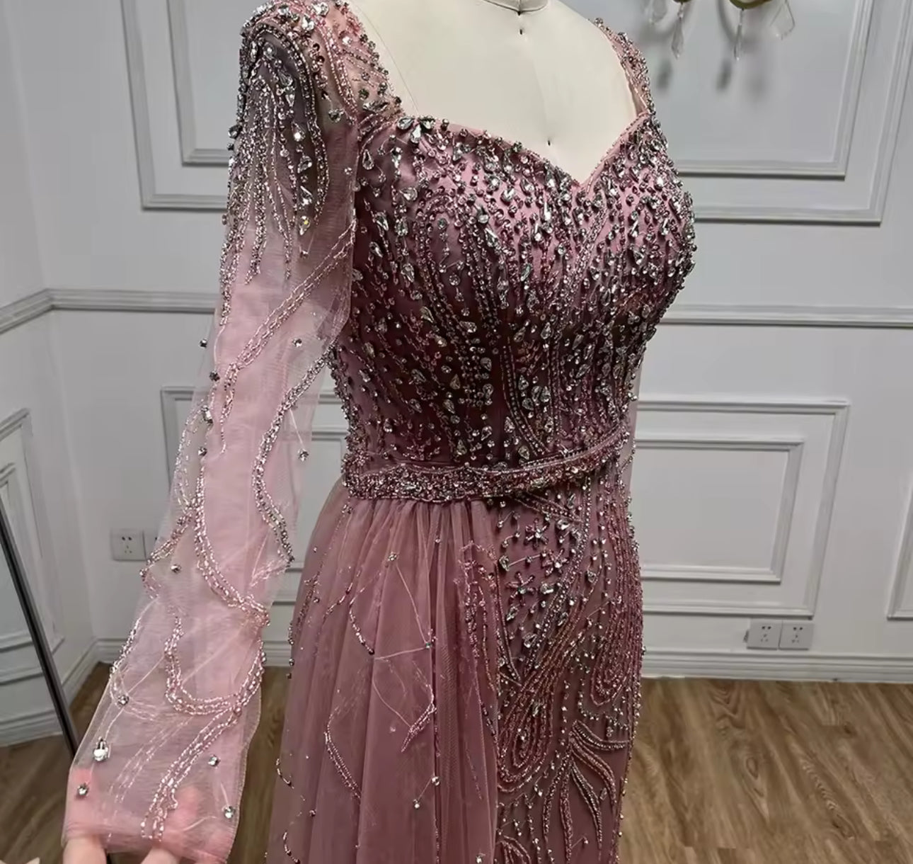 Luxury Rose Sequin Long-Sleeve Evening Gown