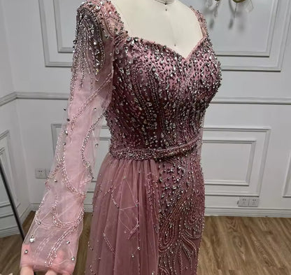 Luxury Rose Sequin Long-Sleeve Evening Gown