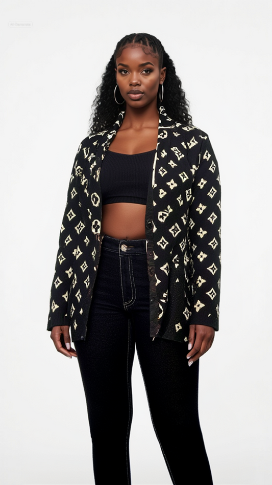 Elegantly knitted blazer with artistic shape and letter prints