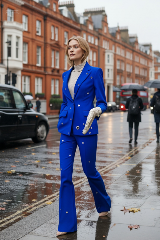 Statement blazer with rivet and metal-hole detailing, matched with elegant flared trousers