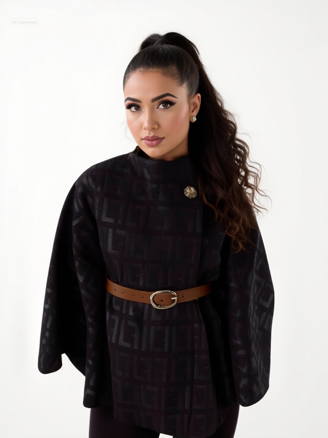 Elegant Belted Cape Coat with Print