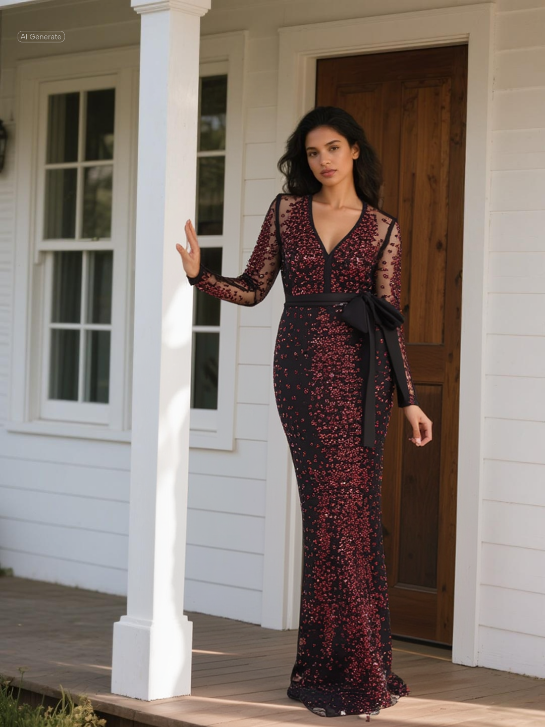 V-neck mesh dress adorned with sparkling sequins