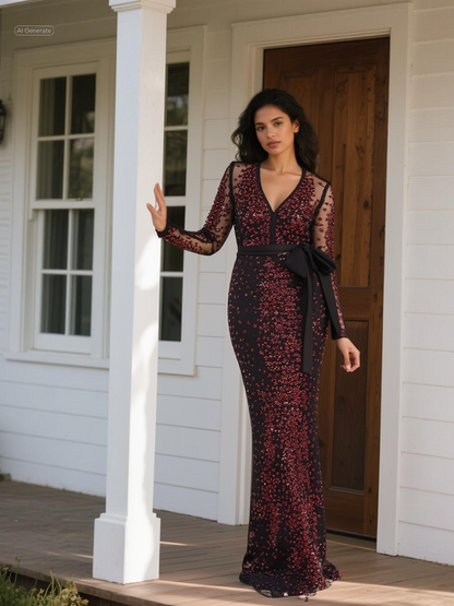 V-neck mesh dress adorned with sparkling sequins