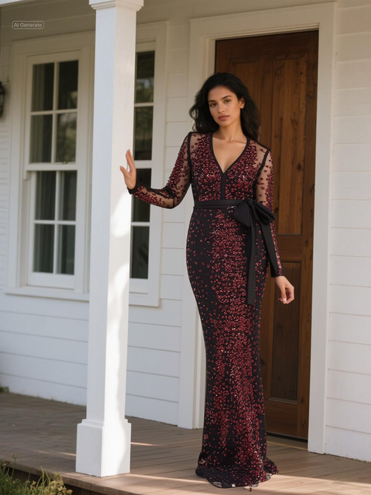 V-neck mesh dress adorned with sparkling sequins