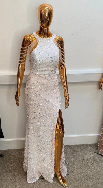 Bead sleeve front slit party dress