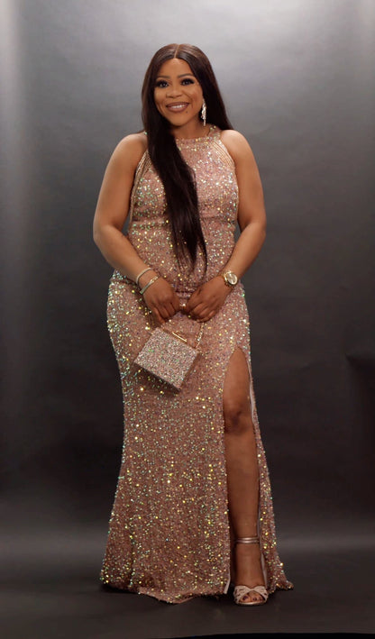 Bead sleeve front slit party dress