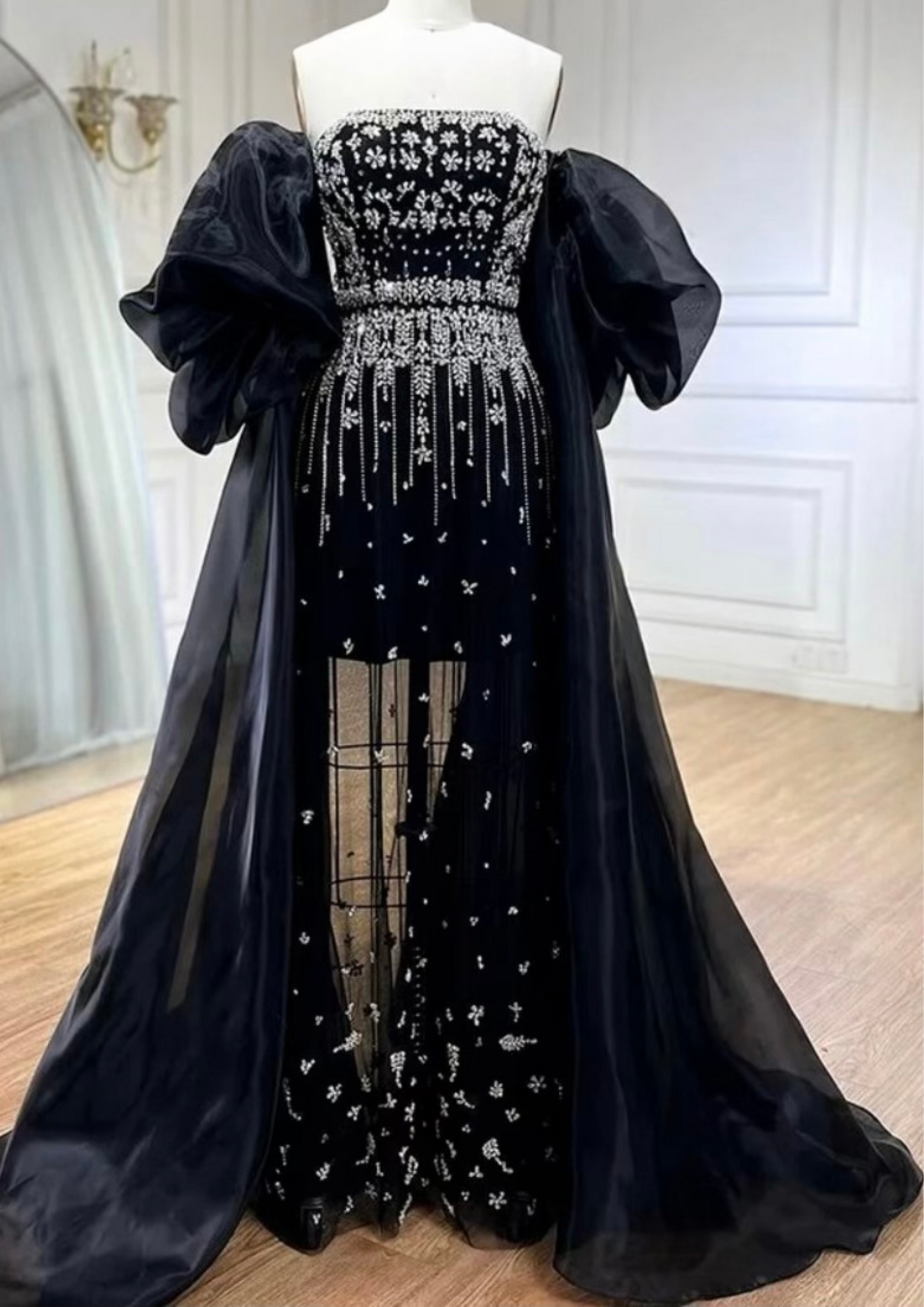 Black Mermaid Beaded Puff Sleeves Overskirt Dress/Gown dressupaccessories