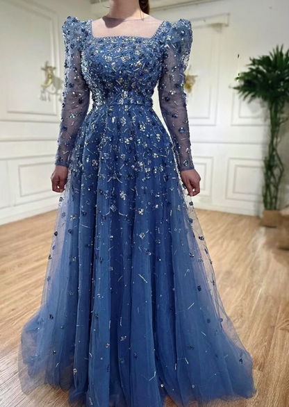 Blue Heavily Embellished Beaded Evening Dress