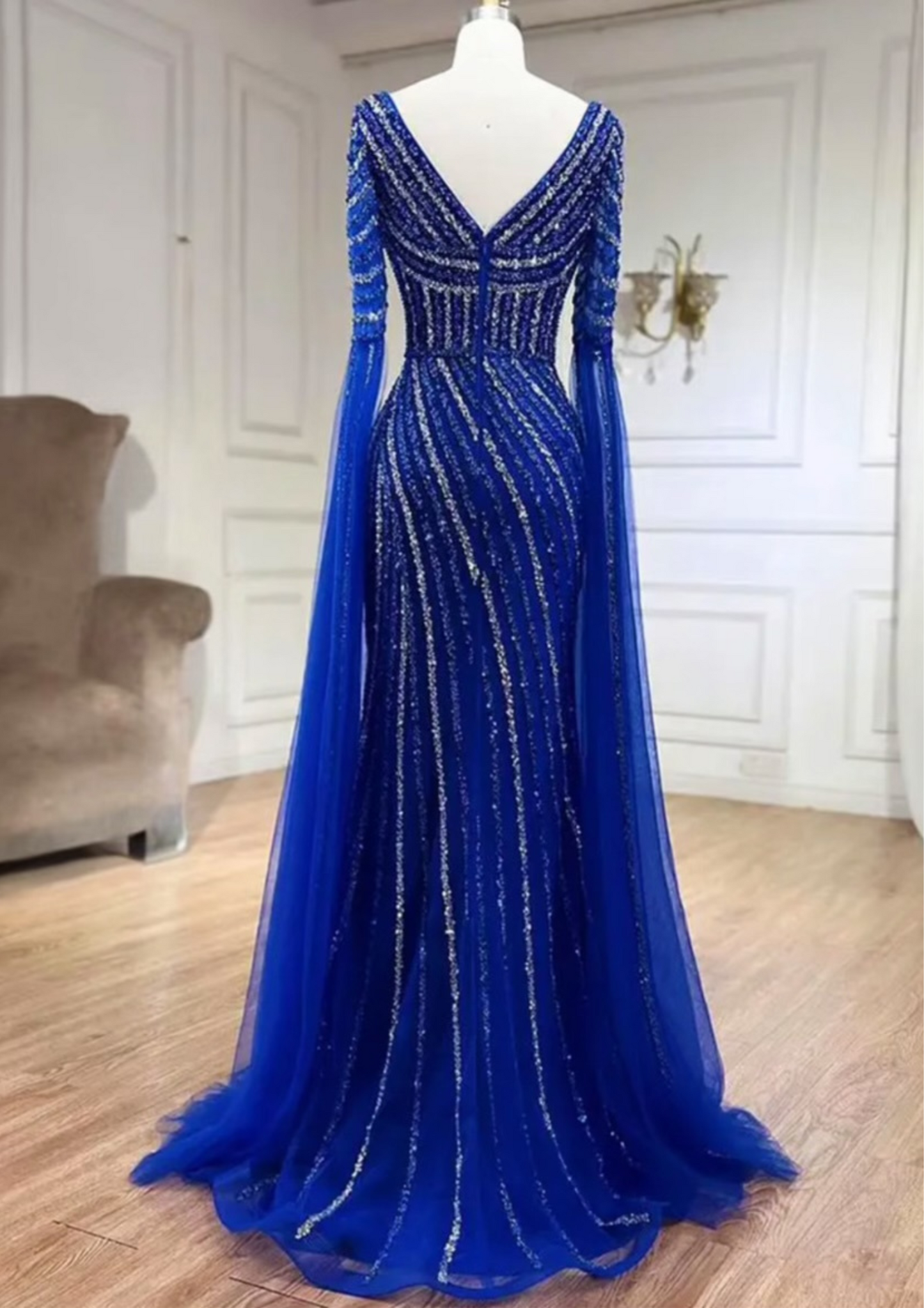 Blue Serene Beaded Evening Dress/Gown dressupaccessories