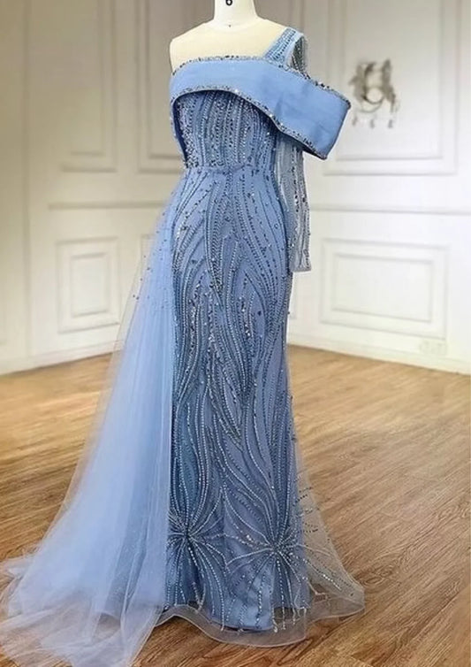 Sheath Beaded Over skirt Evening Dress