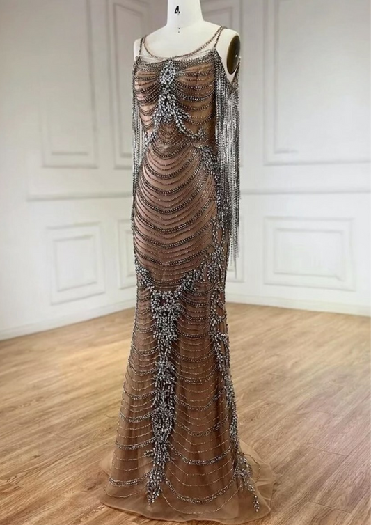 Sparkly Rhinestone Nude Long Occasional Dress