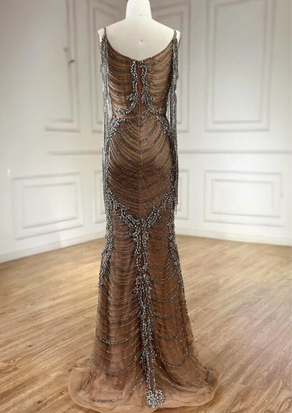 Sparkly Rhinestone Nude Long Occasional Dress