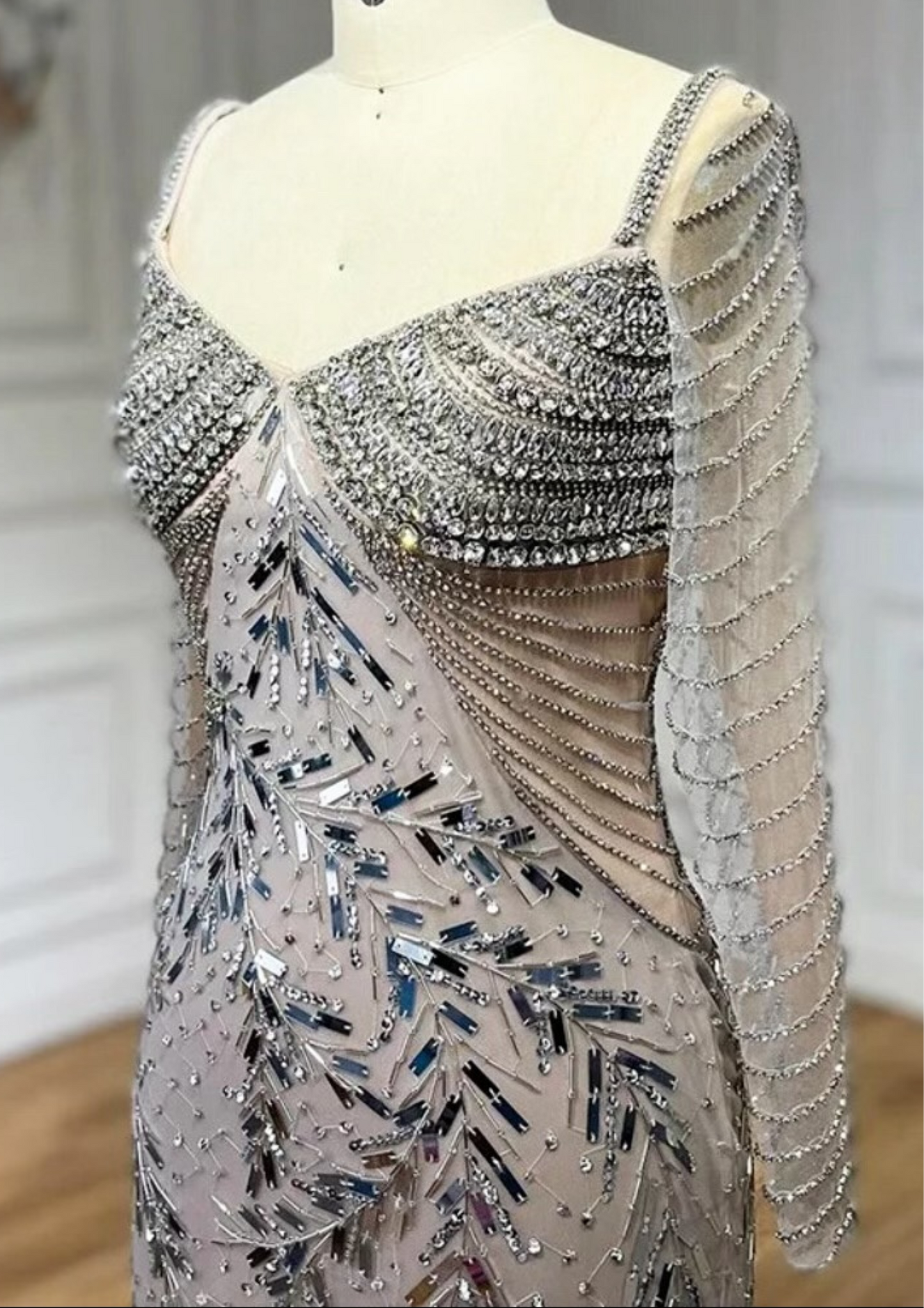 Silver Embellished Evening Dress