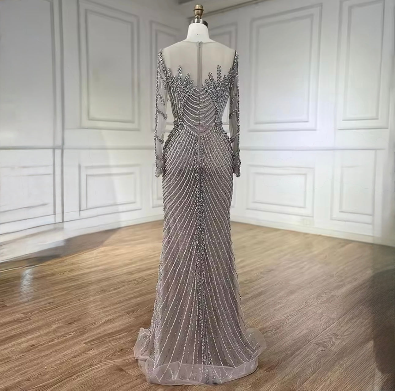 Glam Silver Nude Mermaid Dress with Crystal Beading