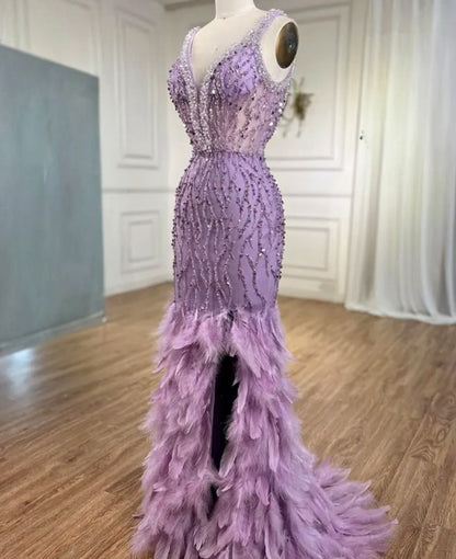 Embellished Front slit Feather Dress