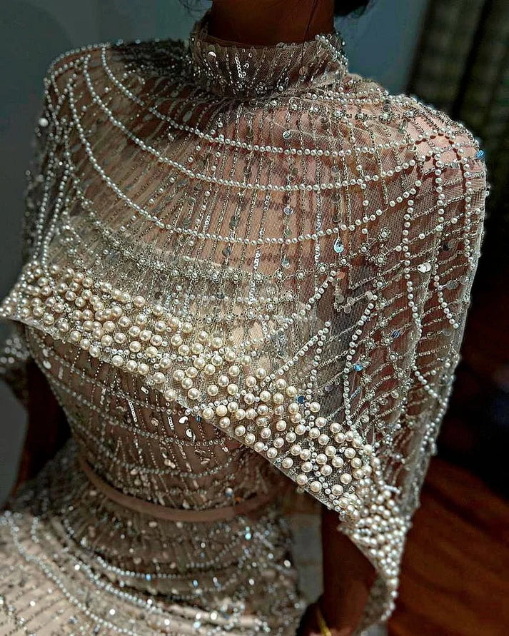 Embellished drop cape dress