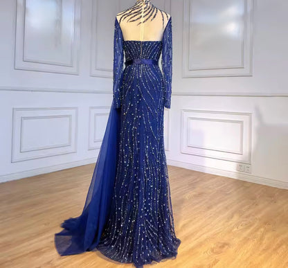 Regal Navy Crystal-Embroidered Dress