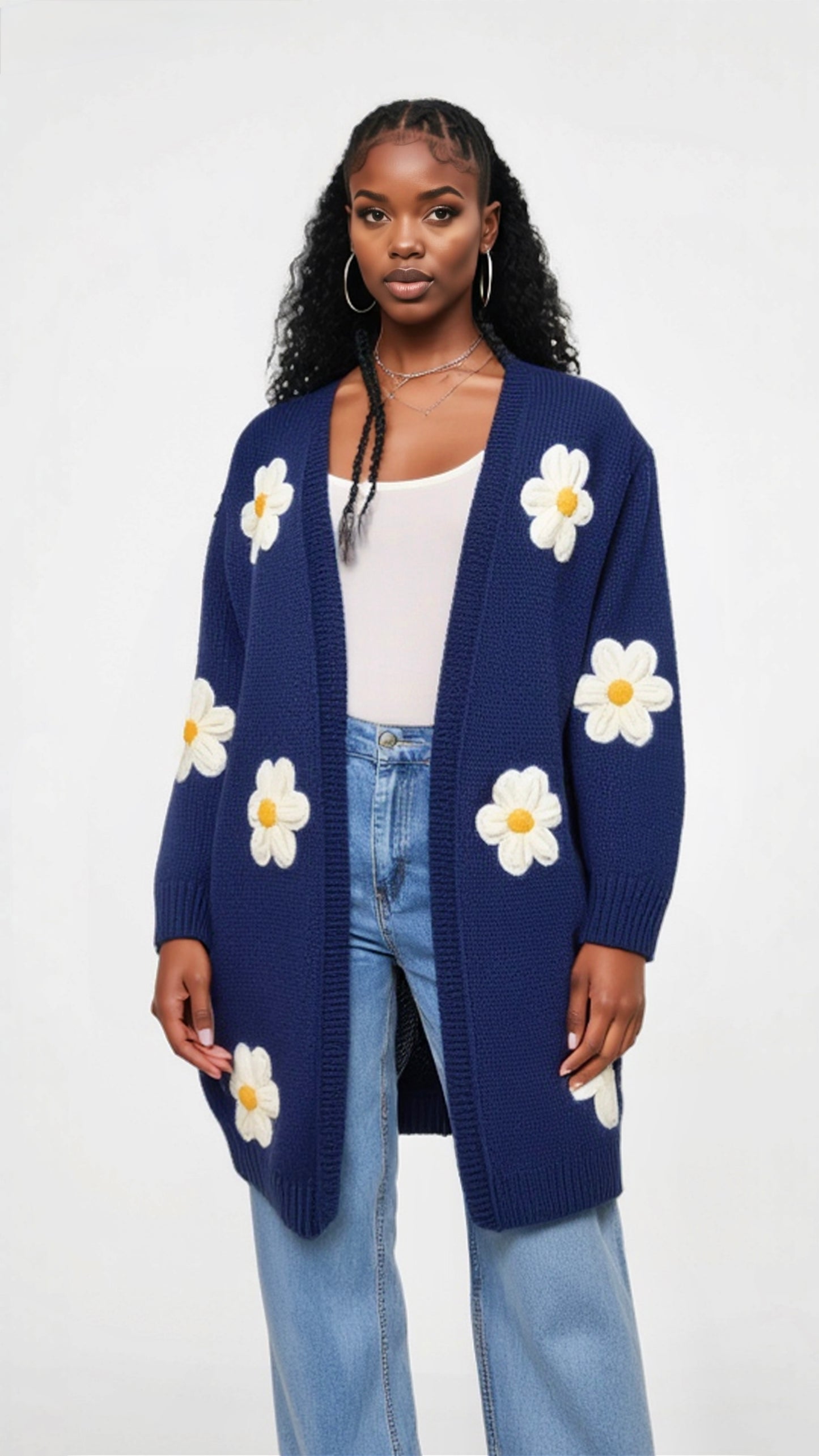 Floral Daisy Longline Knit Cardigan