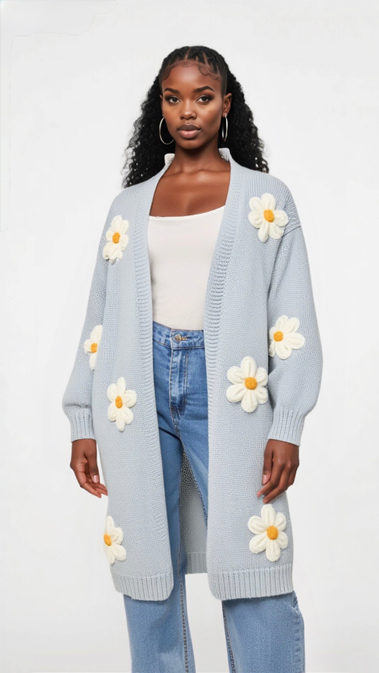 Floral Daisy Longline Knit Cardigan