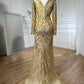 Gold Elegant Embellished V-Neck Dress