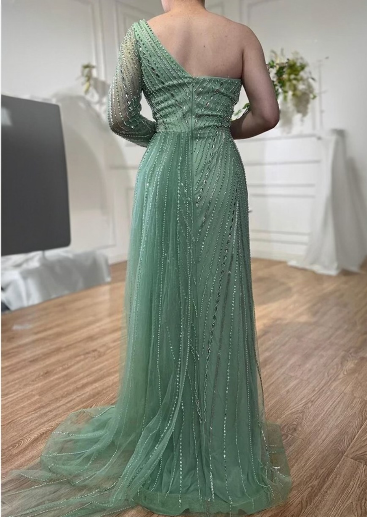 Green Heavily Beaded Evening Dress dressupaccessories