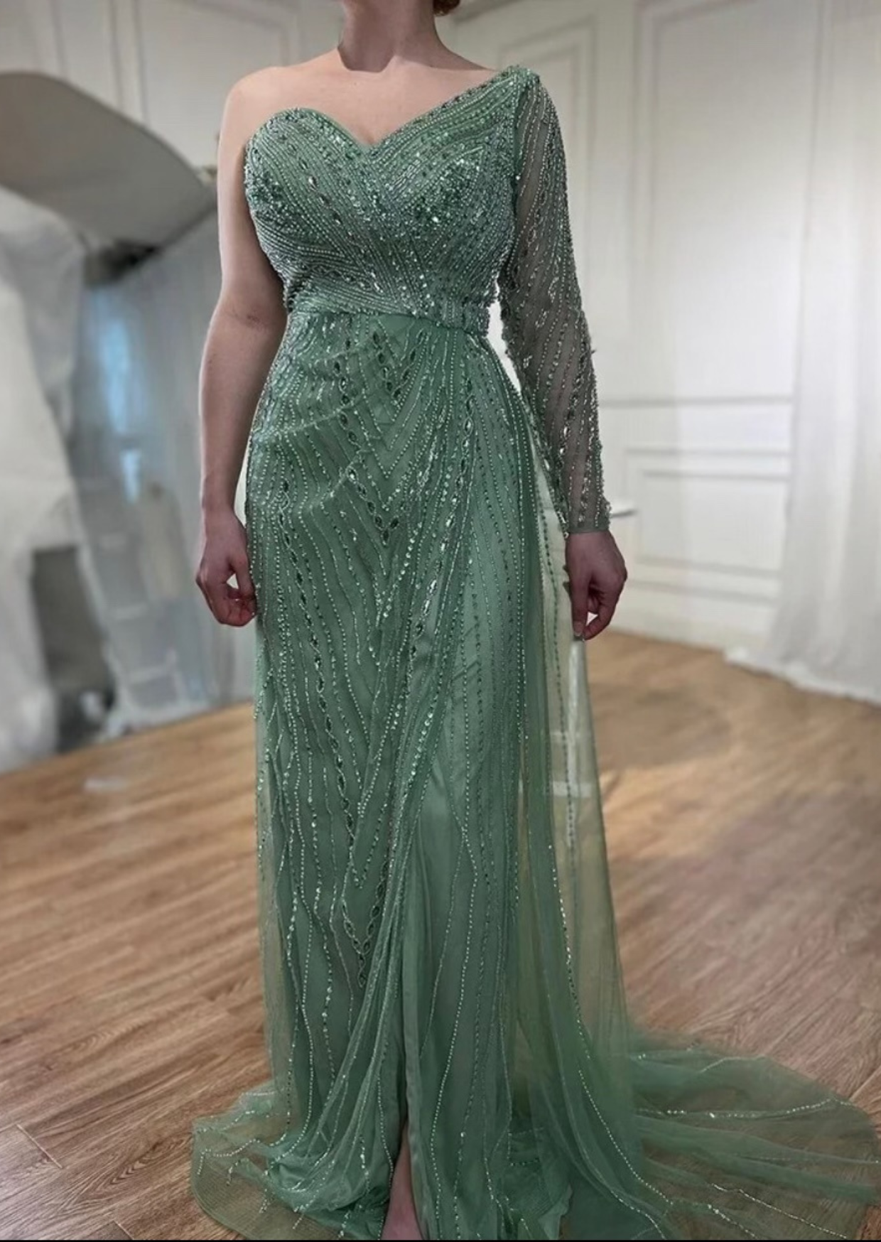 Green Heavily Beaded Evening Dress dressupaccessories