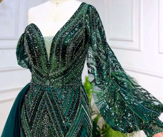 Green  One Shoulder Puff Party Dress