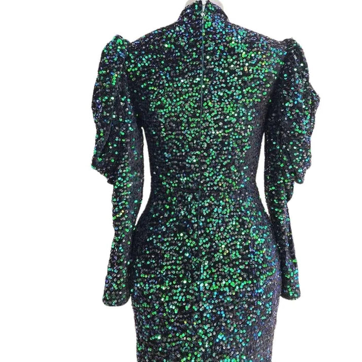 High Neck   Puff Long Sleeves Velvet Sequin