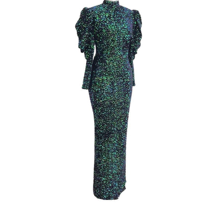 High Neck   Puff Long Sleeves Velvet Sequin