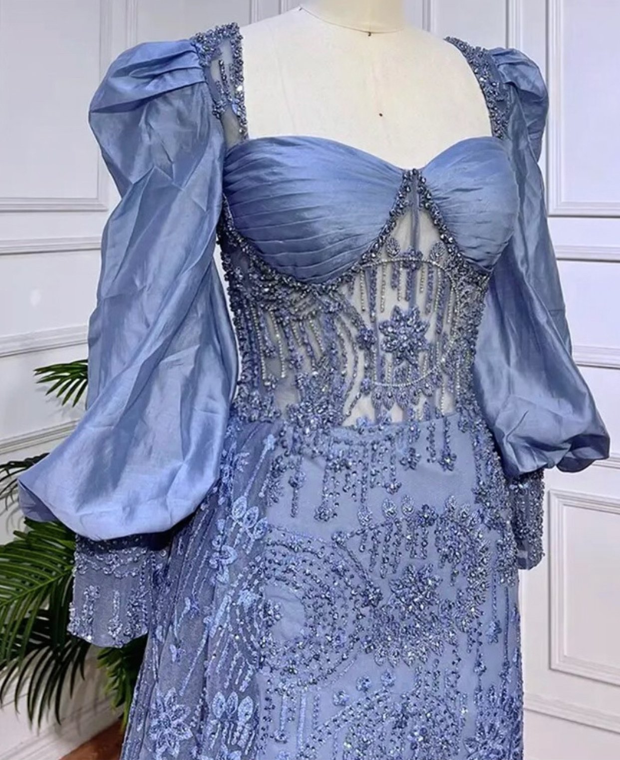 Lace Beaded Ballon Sleeve Dress