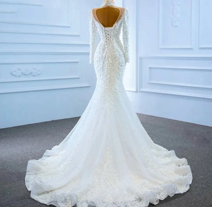 Lace beaded high neck wedding dress
