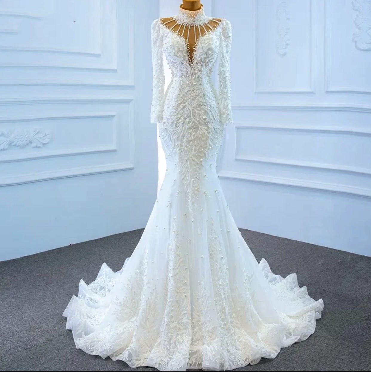 Lace beaded high neck wedding dress - dressupaccessories