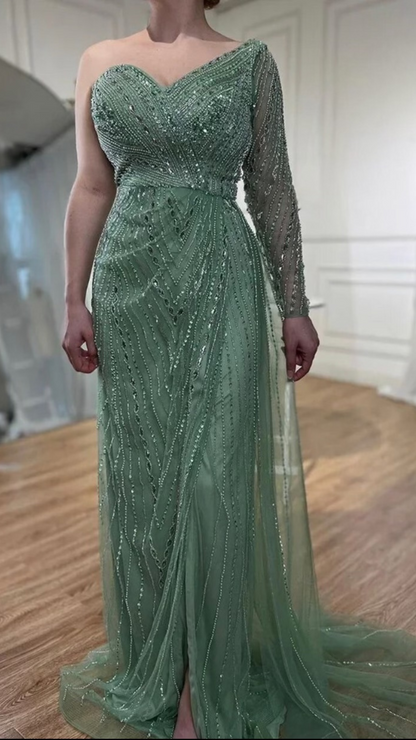 Green Heavily Beaded Evening Dress