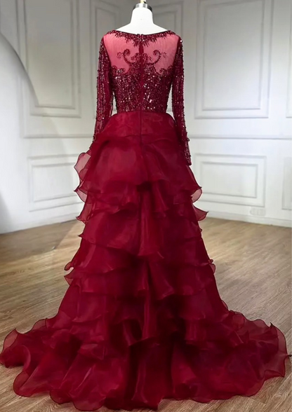 Long Sleeve Red Sequin Prom Occasional Dress