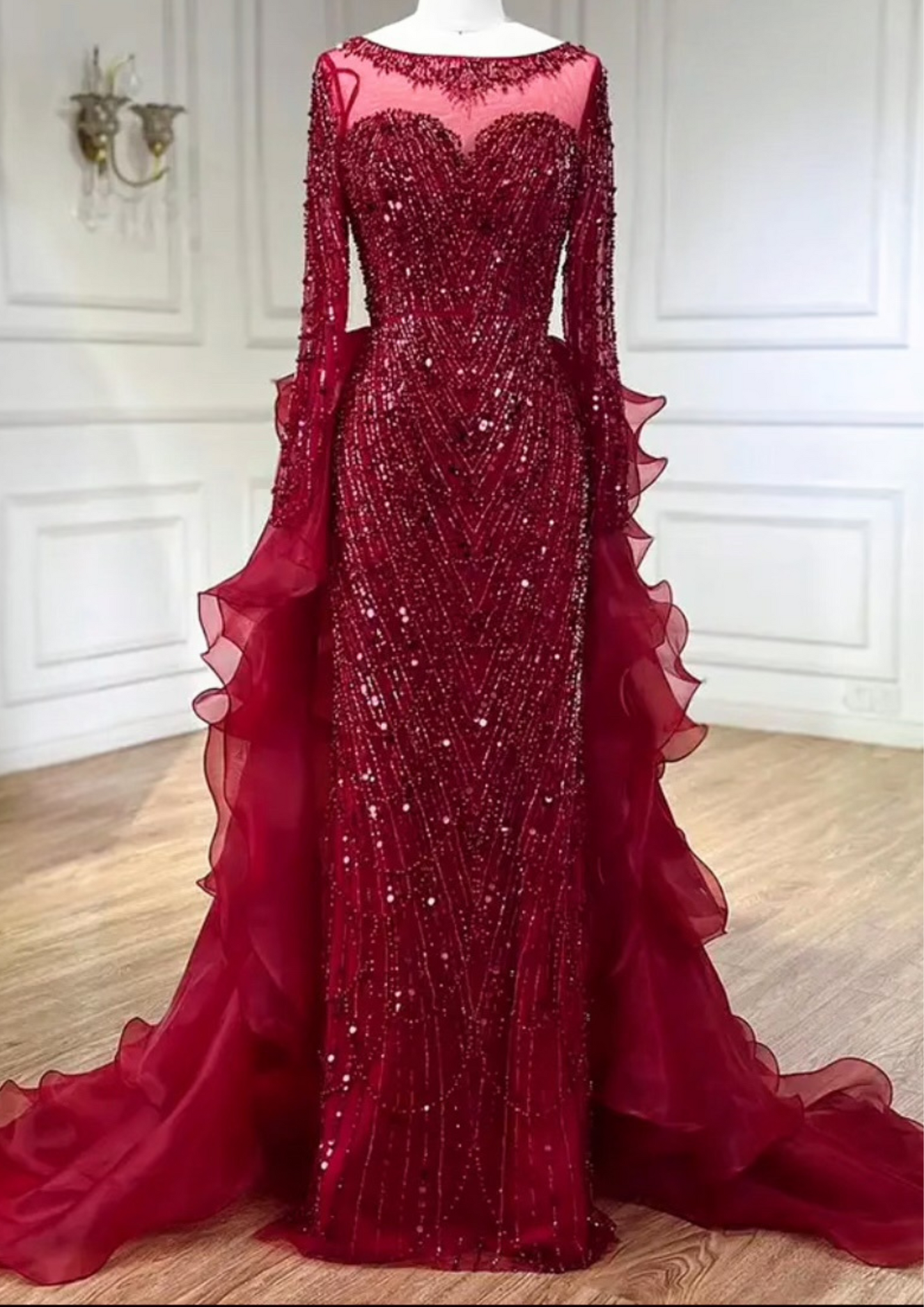 Long Sleeve Red Sequin Prom Occasional Dress dressupaccessories