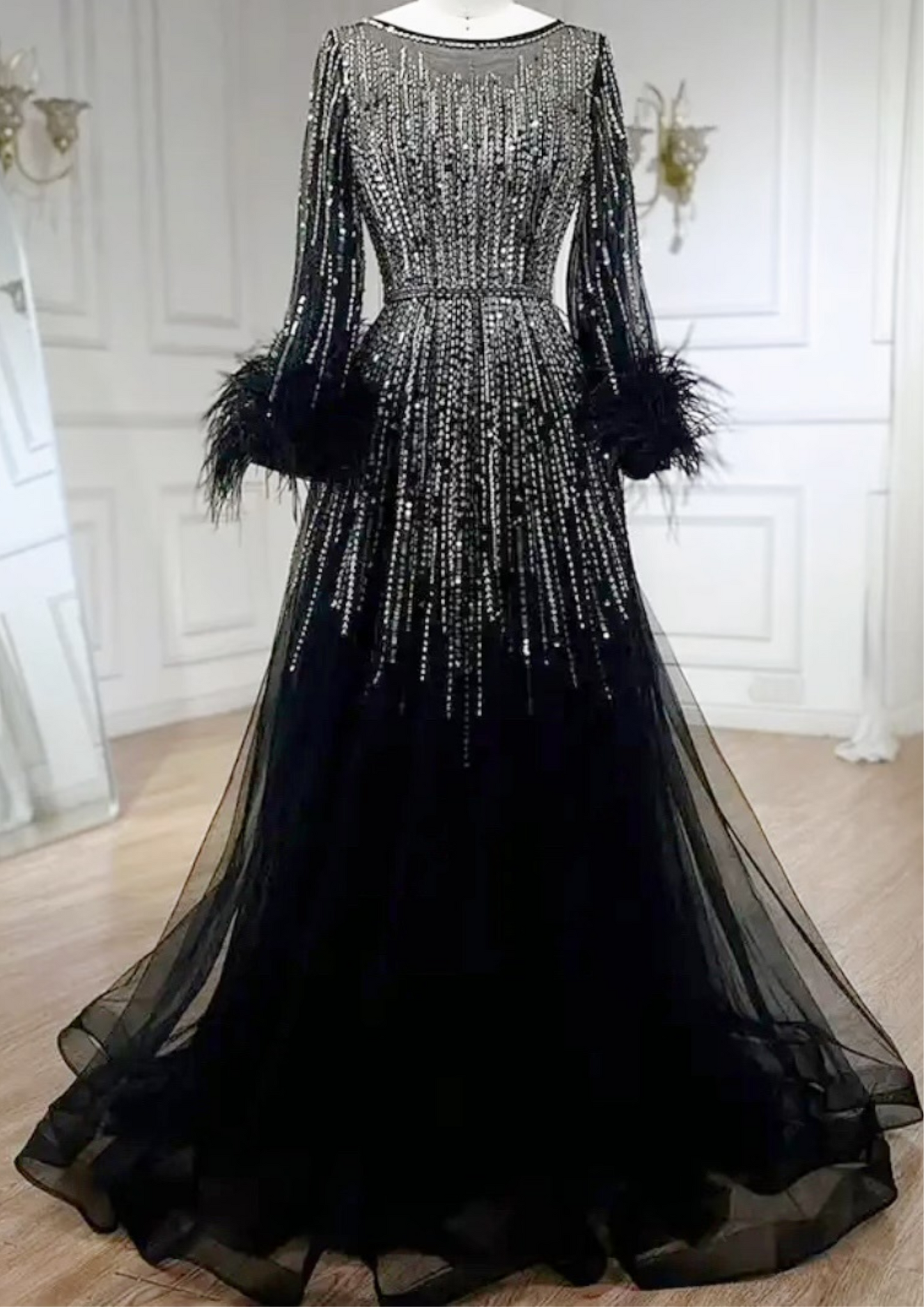 Luxury Feathers Black Dubai Evening Dress dressupaccessories