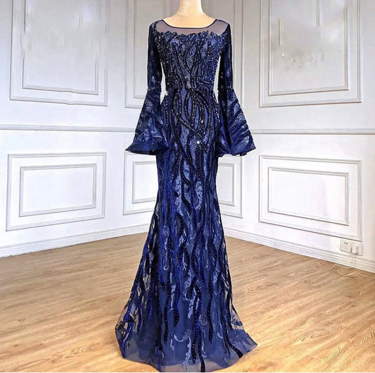 Navyblue Velvet Crystals Long Dress dressupaccessories