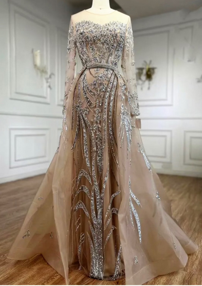 Nude Beaded Overskirt Mermaid Dress