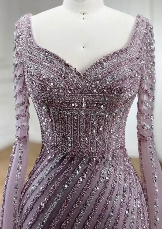 Nude Full Sleeves Mermaid Evening Dress