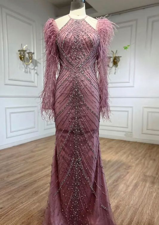 Pink  Emberllished Feather Sleeve