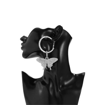 Rhinestone Big Butterfly Pendant Hoop Earrings