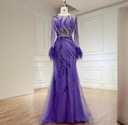 Sleeve feathers see though beaded dress