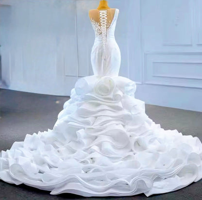 Bridal stone see through ruffle wedding dress