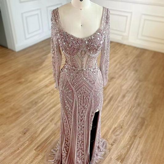 Front slit beaded embellished party dress