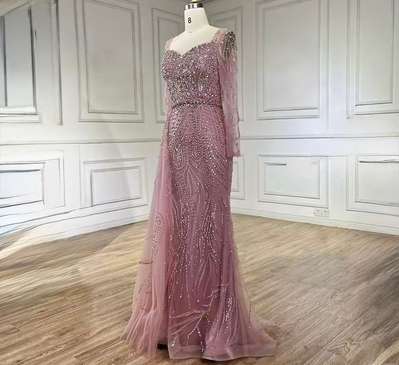 Luxury Rose Sequin Long-Sleeve Evening Gown