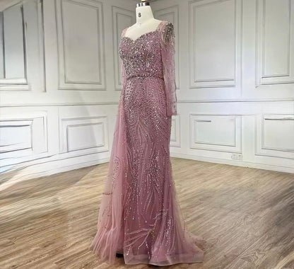 Luxury Rose Sequin Long-Sleeve Evening Gown
